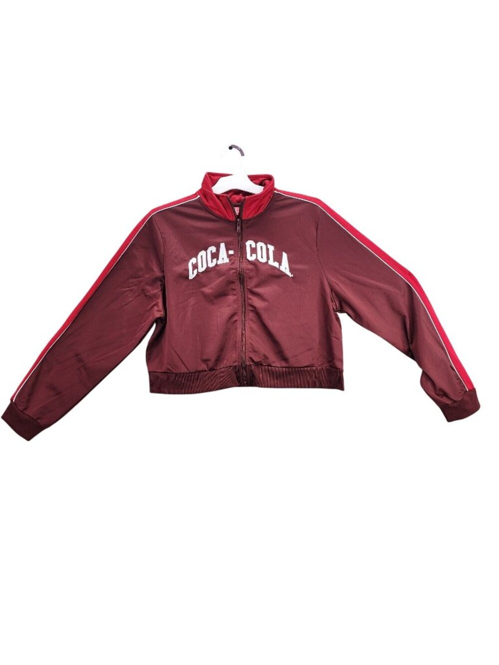 Womens Coca-Cola Graphic Red Full Zip Cropped Jacket Long Sleeve Size XL